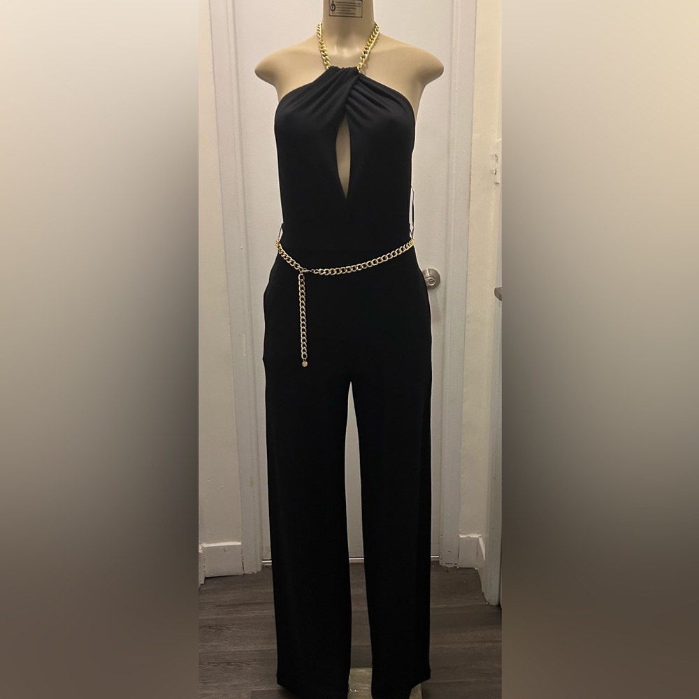 Guess halter neck backless jumpsuit with gold accents